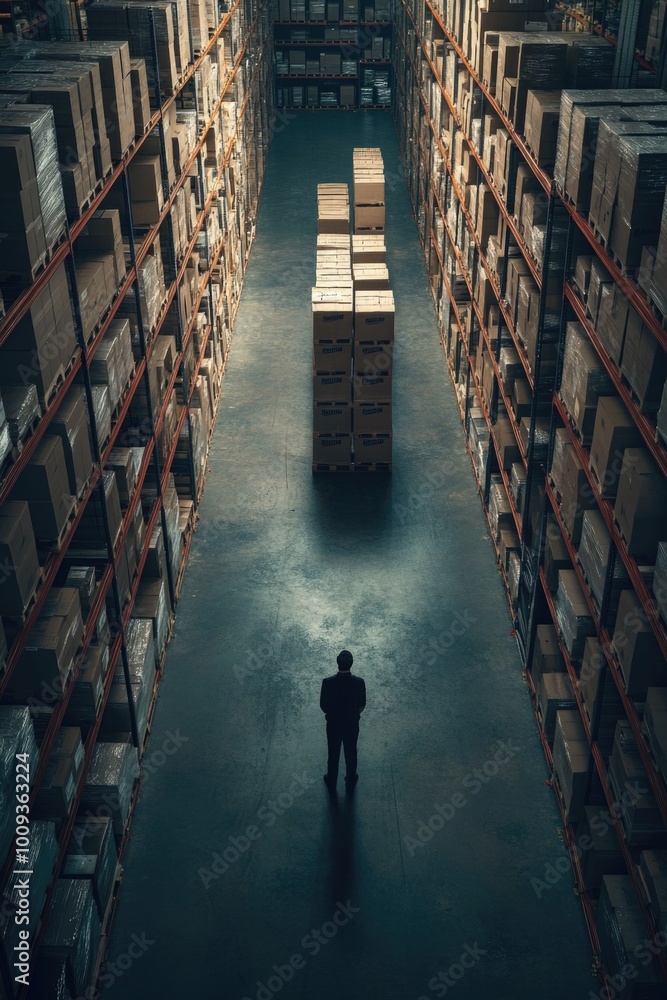 Poster a person standing among stacked boxes in a large storage area