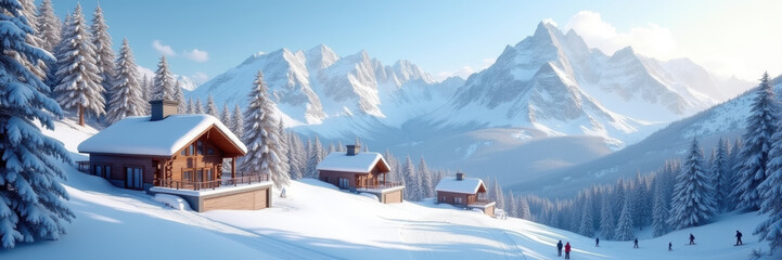 Serene winter landscape featuring charming wooden cabins surrounded by snow-covered mountains, perfect for travel, vacation, and outdoor lifestyle themes.