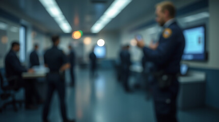 A blurred image of a group of police officers in uniform gathered in a corridor