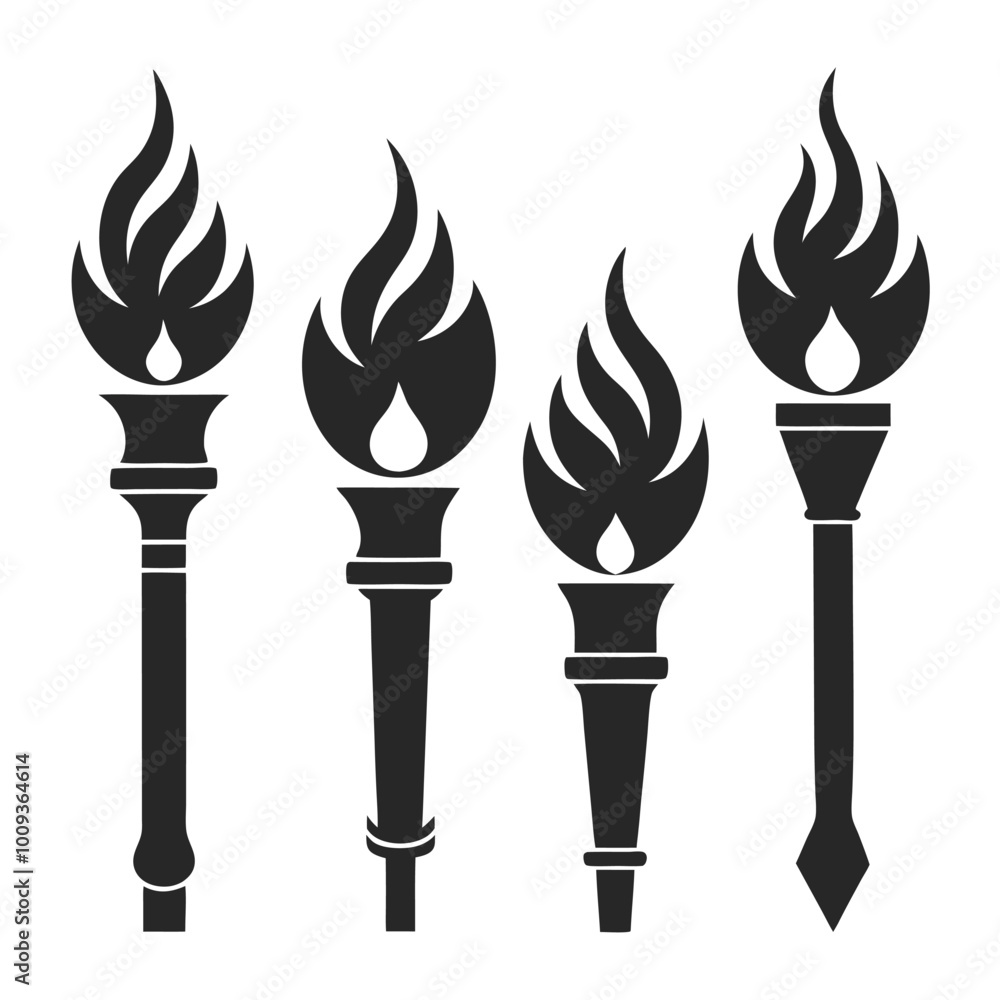 Poster set of solid black torch vector icons with unique flame and handle designs in silhouette style. torc