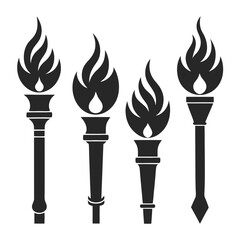 Set of solid black torch vector icons with unique flame and handle designs in silhouette style.
Torch icon set in solid black silhouette style, ideal for logos, emblems, or decorative elements.