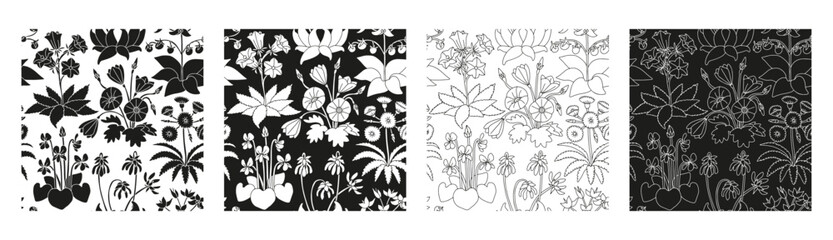 Set of 4 Seamless patterns with black and white canary islands flowers in millefleurs style. Vintage monochrome floral wallpaper