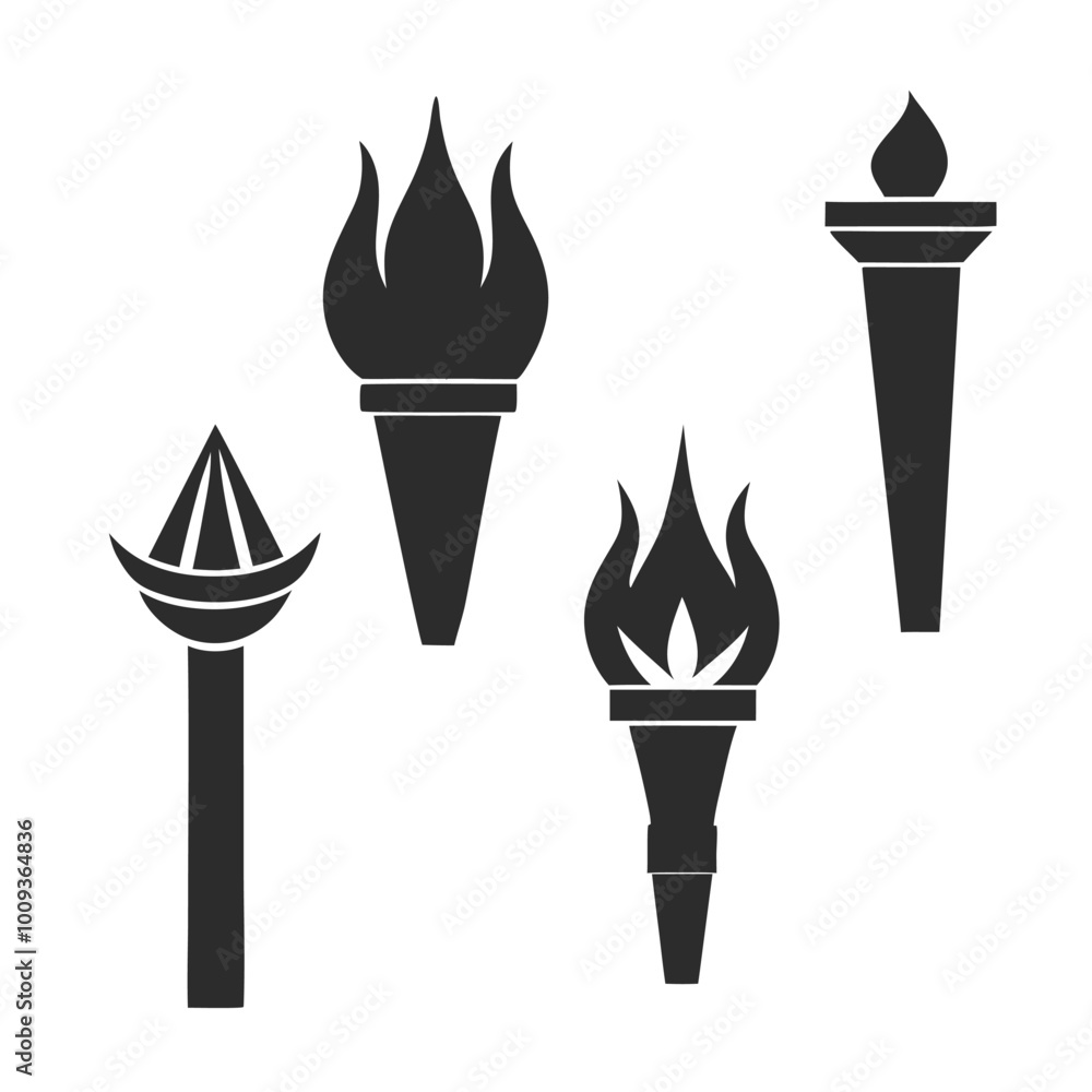 Poster set of solid black torch vector icons with unique flame and handle designs in silhouette style. torc