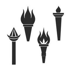 Set of solid black torch vector icons with unique flame and handle designs in silhouette style.
Torch icon set in solid black silhouette style, ideal for logos, emblems, or decorative elements.