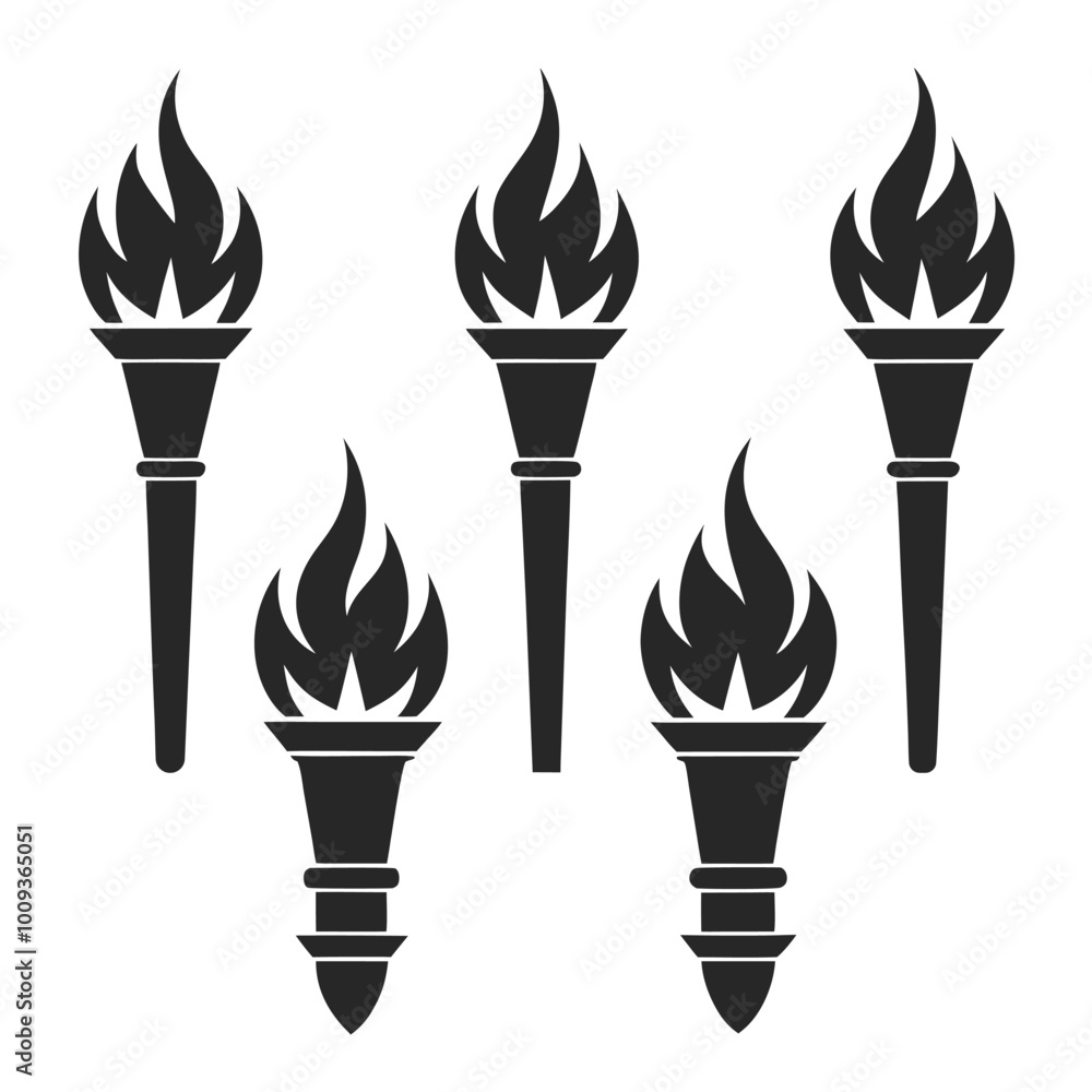 Poster set of solid black torch vector icons with unique flame and handle designs in silhouette style. torc