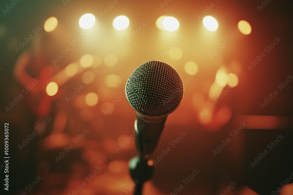 Poster a microphone on a stand with colorful lights in the background, suitable for music performances or p