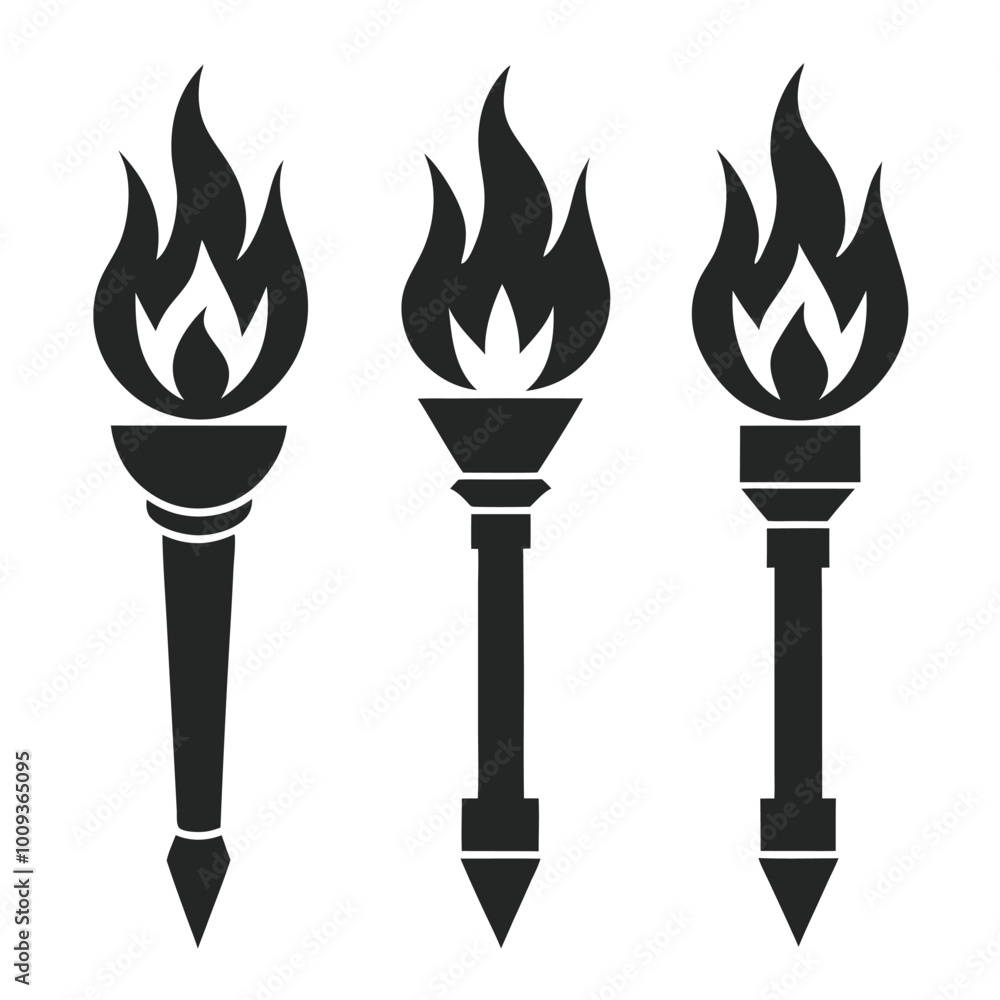 Poster set of solid black torch vector icons with unique flame and handle designs in silhouette style. torc