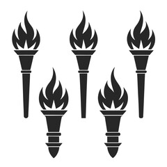 Set of solid black torch vector icons with unique flame and handle designs in silhouette style.
Torch icon set in solid black silhouette style, ideal for logos, emblems, or decorative elements.