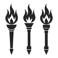 Set of solid black torch vector icons with unique flame and handle designs in silhouette style.
Torch icon set in solid black silhouette style, ideal for logos, emblems, or decorative elements.
