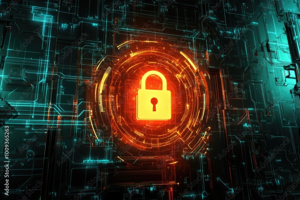 Poster a shiny padlock illuminated on a dark digital background