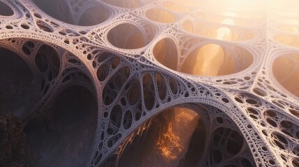 Fractal bridges, with infinite complexity and precision, stretch across a vast, bottomless pit, their geometric forms creating a mesmerizing web.