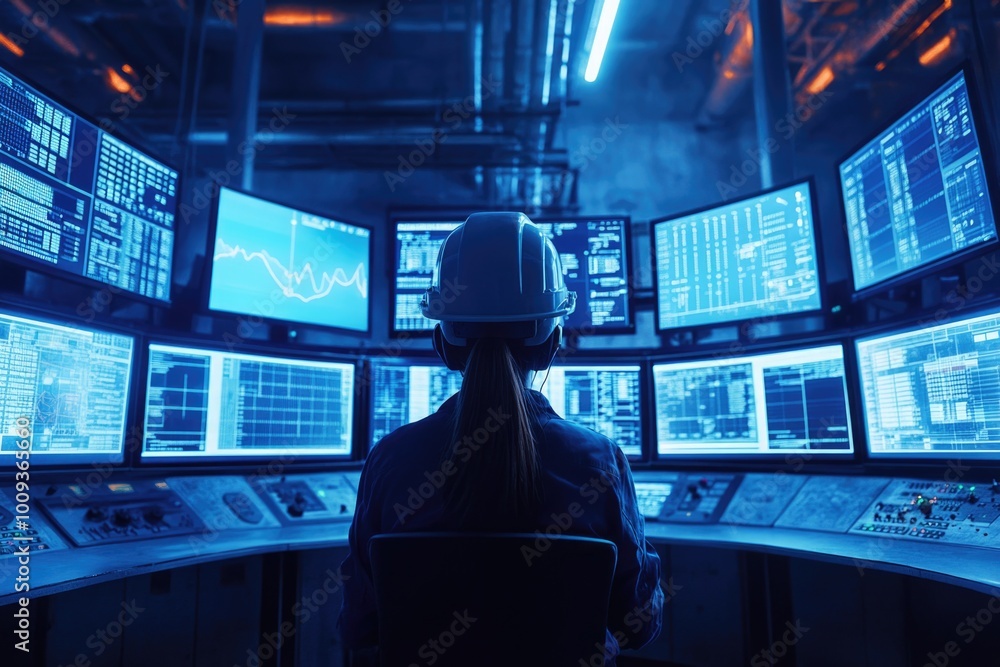 Aufkleber Man working on computer equipment, surrounded by multiple screens and devices
