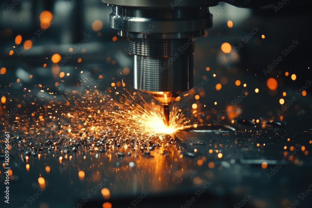 Poster A close-up shot of a machine emitting sparks, useful for illustrating mechanical processes or technological concepts
