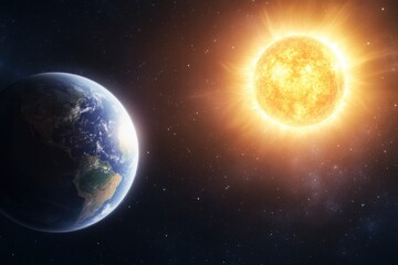 The glowing sun and the earth on the side with dark space background