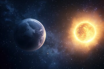 Obraz premium The glowing sun and the earth on the side with dark space background