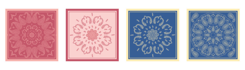 Set of pink and blue scarfs or bandana designs with paisley mandala patterns and floral elements. Ethnic carpet design.