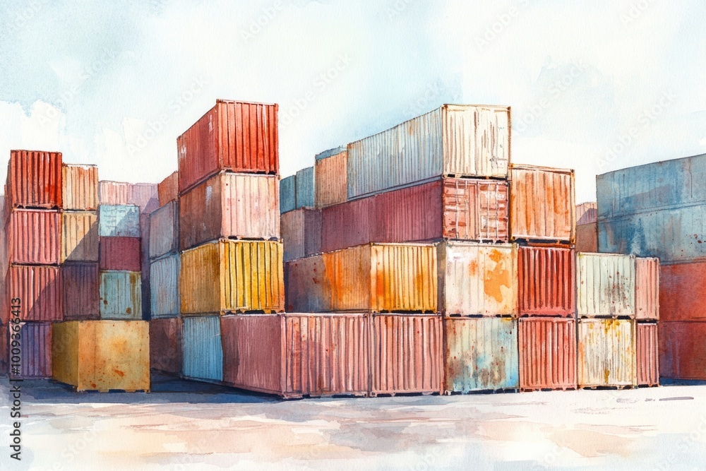 Aufkleber A collection of stacked shipping containers with rusty locks and weathered exteriors