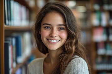 Carefree young woman smiling in a library, Generative AI