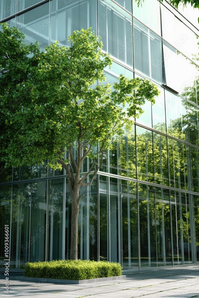 Poster A large glass building with a tree planted in front of it, suitable for use in architectural or environmental illustrations