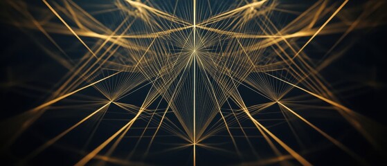 Fototapeta premium Craft a simple, elegant wallpaper featuring fine gold lines forming a symmetrical pattern over a dark navy blue background. 