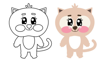 Cute kawaii doodle line drawing of cat full height. Coloring page illustration for kids of kitten. Vector outline for printable children's and adults coloring page or book