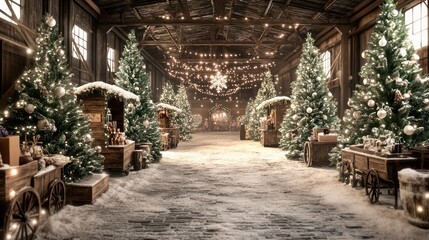 Naklejka premium Christmas market indoor scene with festive decorations and snow-covered trees. Traditional holiday and winter celebration concept.