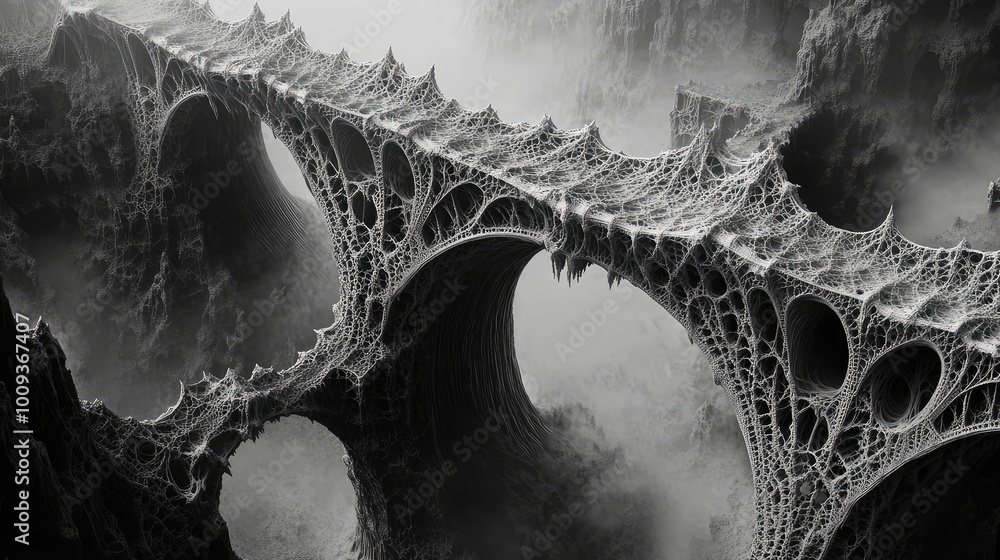 Poster mathematically precise fractal bridges span an endless abyss, their intricate designs creating a sur