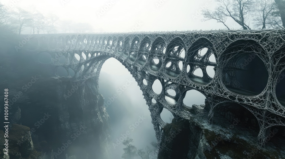 Poster mathematically precise fractal bridges span an endless abyss, their intricate designs creating a sur