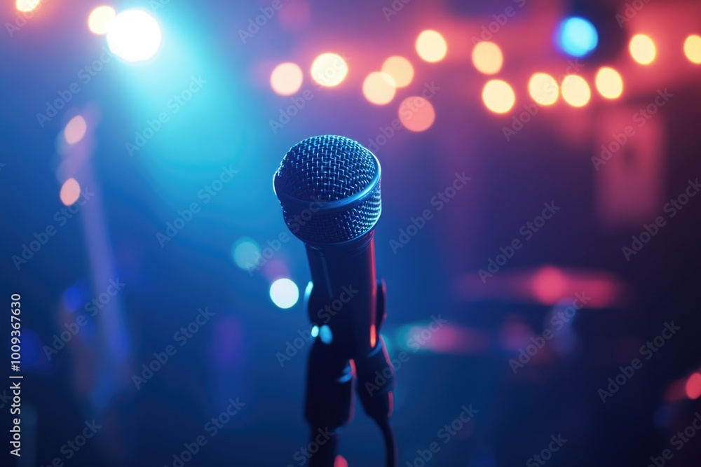 Poster A microphone on a stand in front of a stage, ready for performance or presentation
