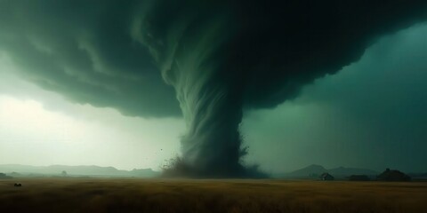 A huge tornado funnel cloud touching down in an open landscape, showcasing the power of nature and the dramatic effects of severe weather.