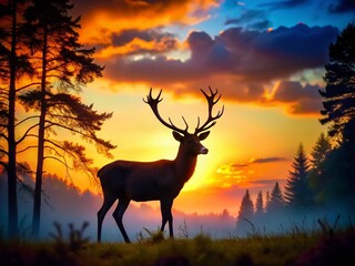 Majestic Deer Silhouette Against a Serene Forest Background at Dusk in Warm Natural Tones