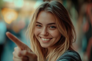 Fototapeta premium A woman smiles and points at the camera, conveying friendliness