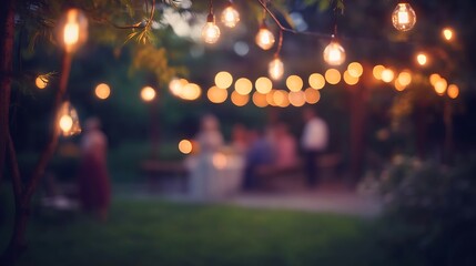 Twilight garden party with glowing string lights and guests socializing, warm festive atmosphere