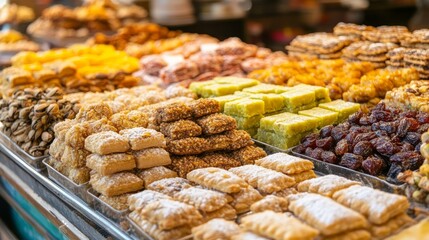 A colorful display of assorted pastries, cookies, and other sweets in a market stall.
