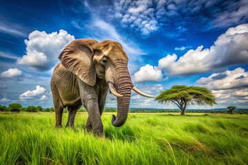 Fototapeta premium Majestic Elephant Walking Through Lush Green Grass Under Bright Blue Sky in Natural Habitat