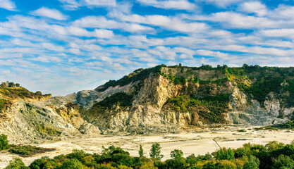 landscape of Plegrean volcano fields in Naples Italy near Pompeii with sulfur yellow caldera duribg...