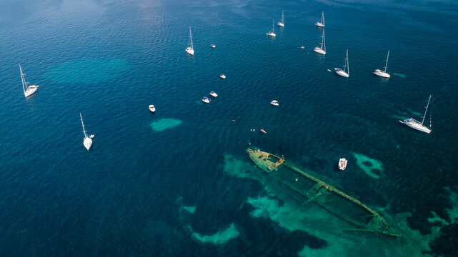 Aerial view of shipwreck Michelle near the island Dugi otok in Adriatic sea, Croatia
