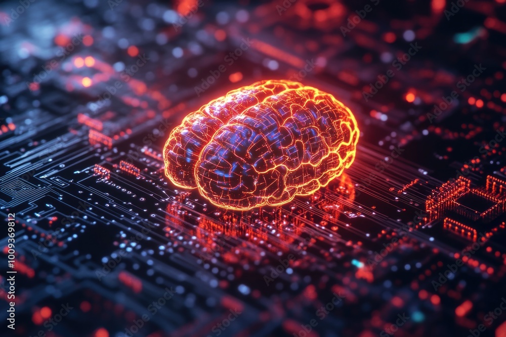 Poster a futuristic computer chip with a bright blue glowing brain, ideal for use in illustrations about te