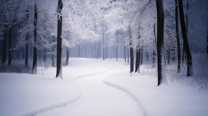 Naklejka premium Curved path in snowy forest, tranquil atmosphere, winter wonderland, foggy scene