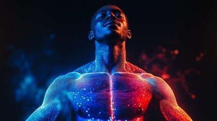 3D body scan of an athlete showing muscles and nutrient absorption pathways, illustrating the science of fitness and nutrition