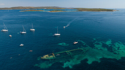 Aerial view of shipwreck Michelle near the island Dugi otok in Adriatic sea, Croatia
