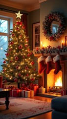 A cozy Christmas scene featuring a beautifully decorated tree, glowing fireplace, and festive stockings, perfect for holiday-themed designs and marketing.
