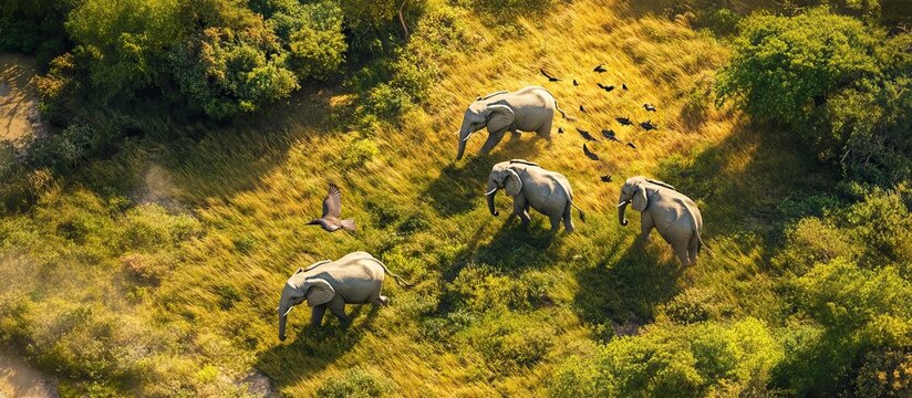 Elephant Herd Walking Through African Savanna