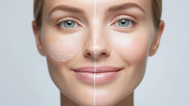 Woman s face with one side gently exfoliated and the other hydrated, demonstrating skin transformation, Skin care, Exfoliation  Hydration