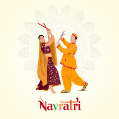 A vibrant Navratri celebration featuring a couple dancing Dandiya Raas in traditional attire against a decorative mandala background with Navratri at the bottom