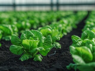 High-tech greenhouse with rows of organic vegetables growing in a controlled soil environment, sustainable food production
