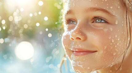 Close-up of a young face with dewy, glowing skin, droplets of water reflecting freshness, soft sunlight enhancing a healthy look, fresh complexion, natural nourishment