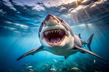 Majestic Great White Shark with Mouth Wide Open, Displaying Powerful Teeth and Ocean Majesty