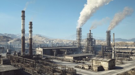 Fototapeta premium Industrial Landscape with Smokestacks and Machinery