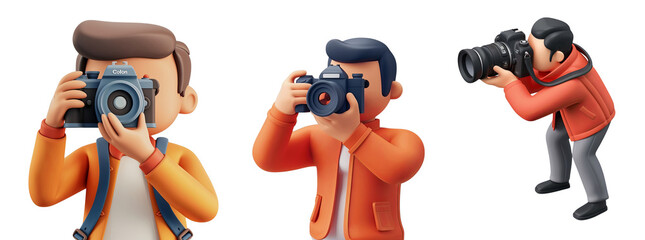 Three young men taking photos hobby photography equipment digital camera isolated 3d render photographer paparazzi reporter journalism concept